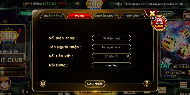 Rút tiền nhanh từ cổng game Hit Club thông qua ví điện tử MoMo